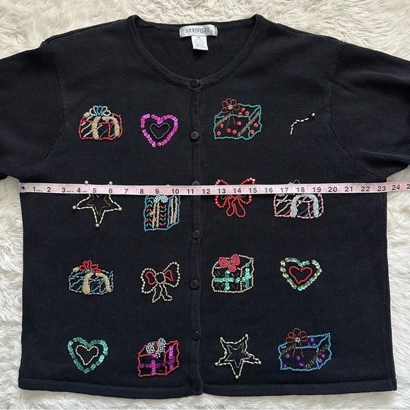 Vintage Arriviste Cardigan Holiday Ugly Christmas Sweater Beaded Black XL - Picture 8 of 13